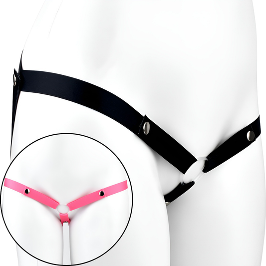 Black three-way elastic cage strap with pink style inset
