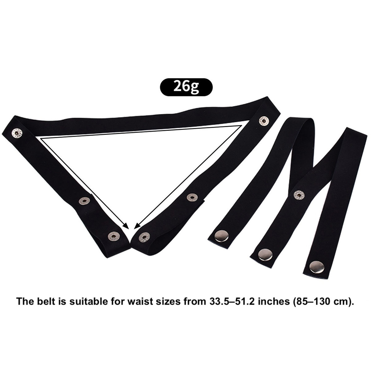 Black three-way elastic strap parts with 85–130 cm waist range