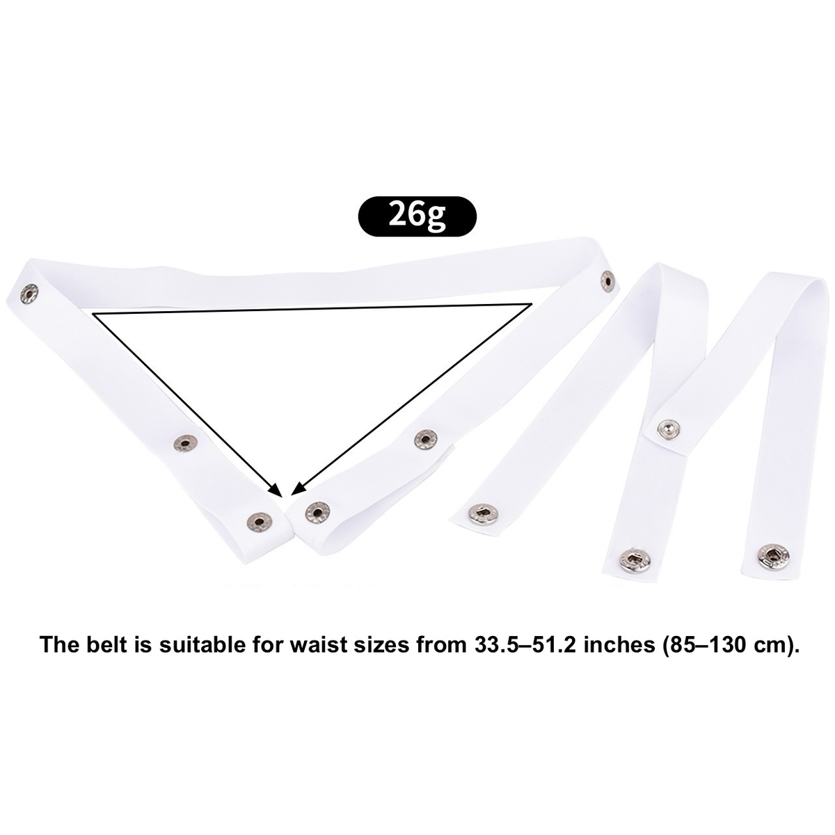 White three-way elastic strap parts with 85–130 cm waist range