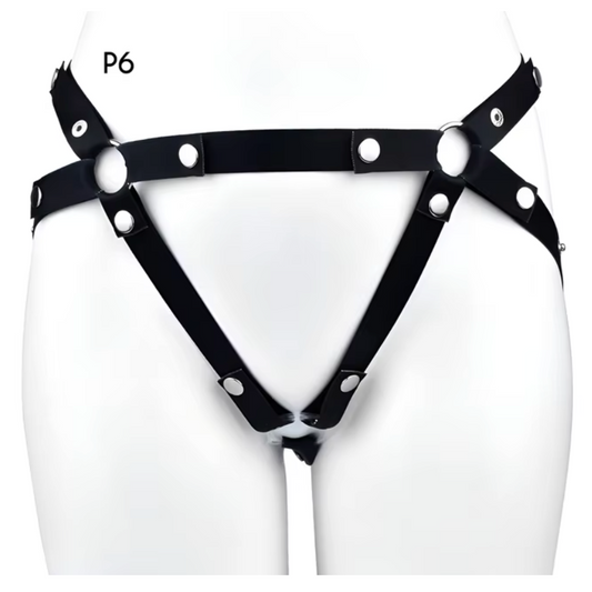 Black three-way nylon support strap, front view on a display mannequin