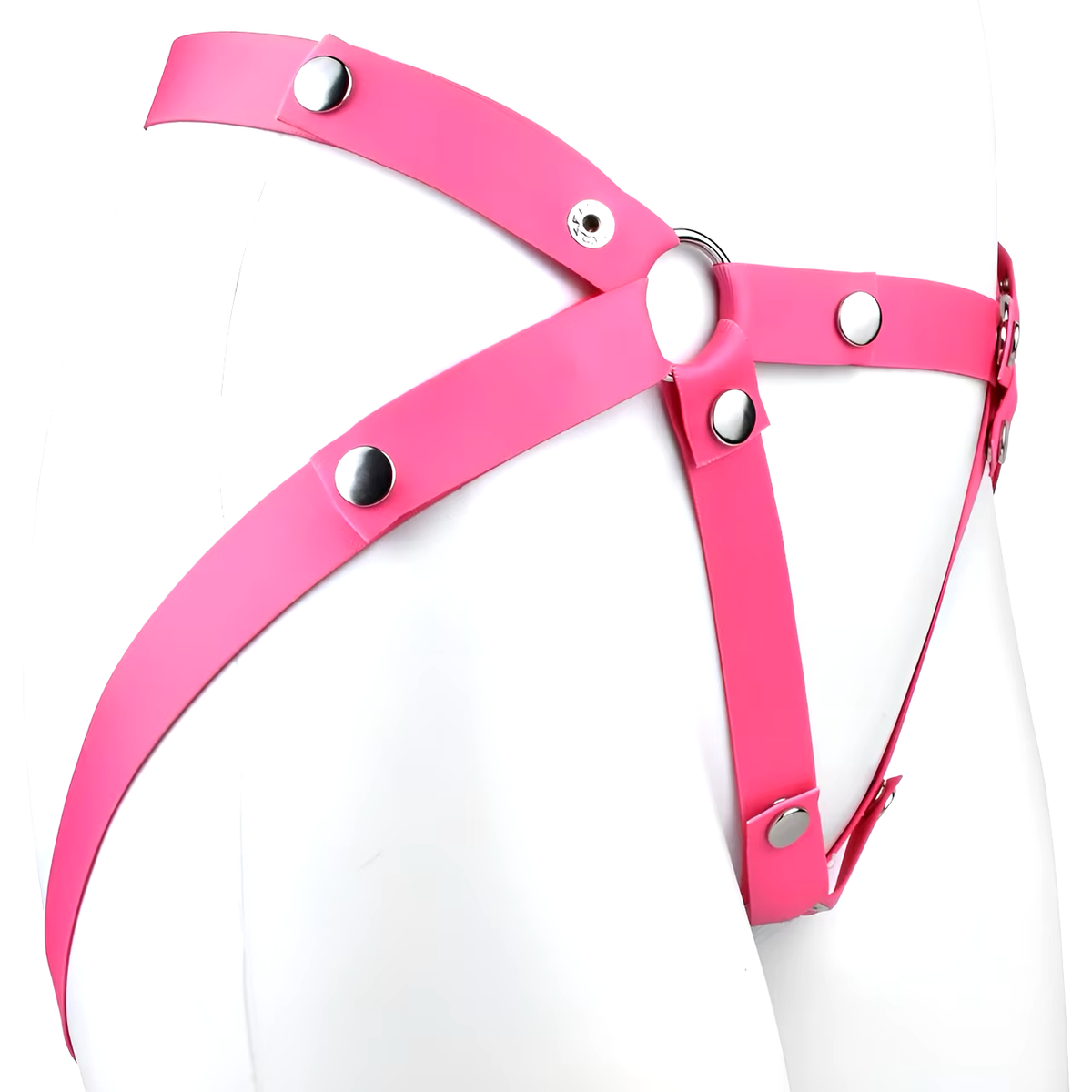 Pink three-way strap with rings and snaps, side detail