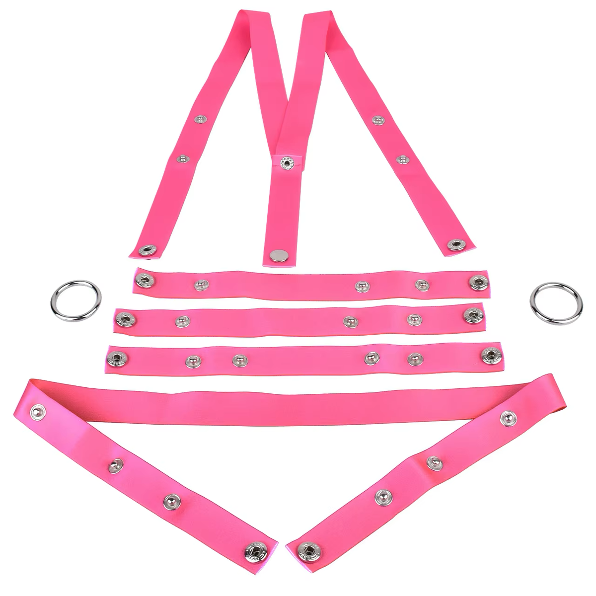 Pink three-way support strap components and rings laid flat