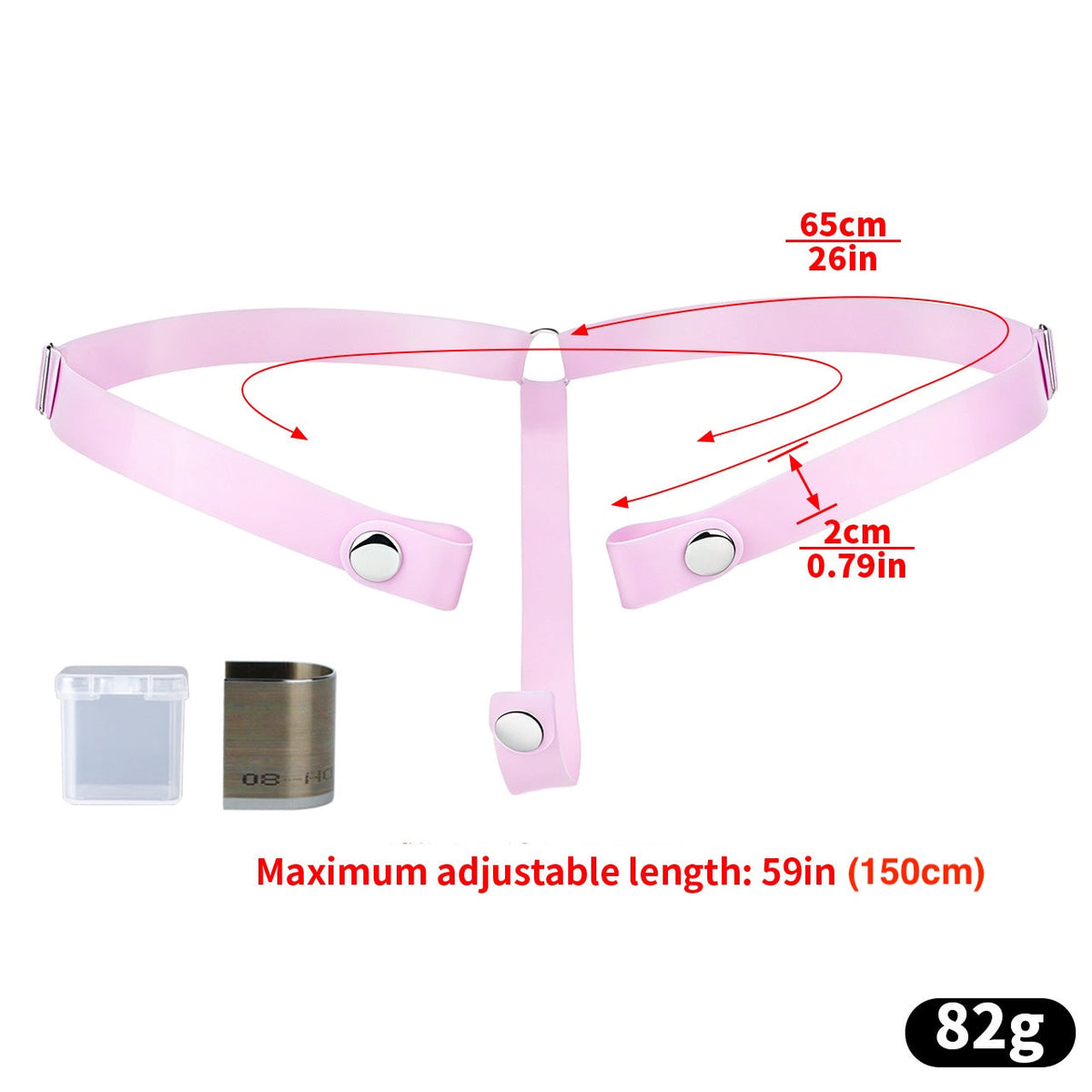 Light pink silicone strap diagram showing 150 cm maximum adjustable length and 2 cm width
