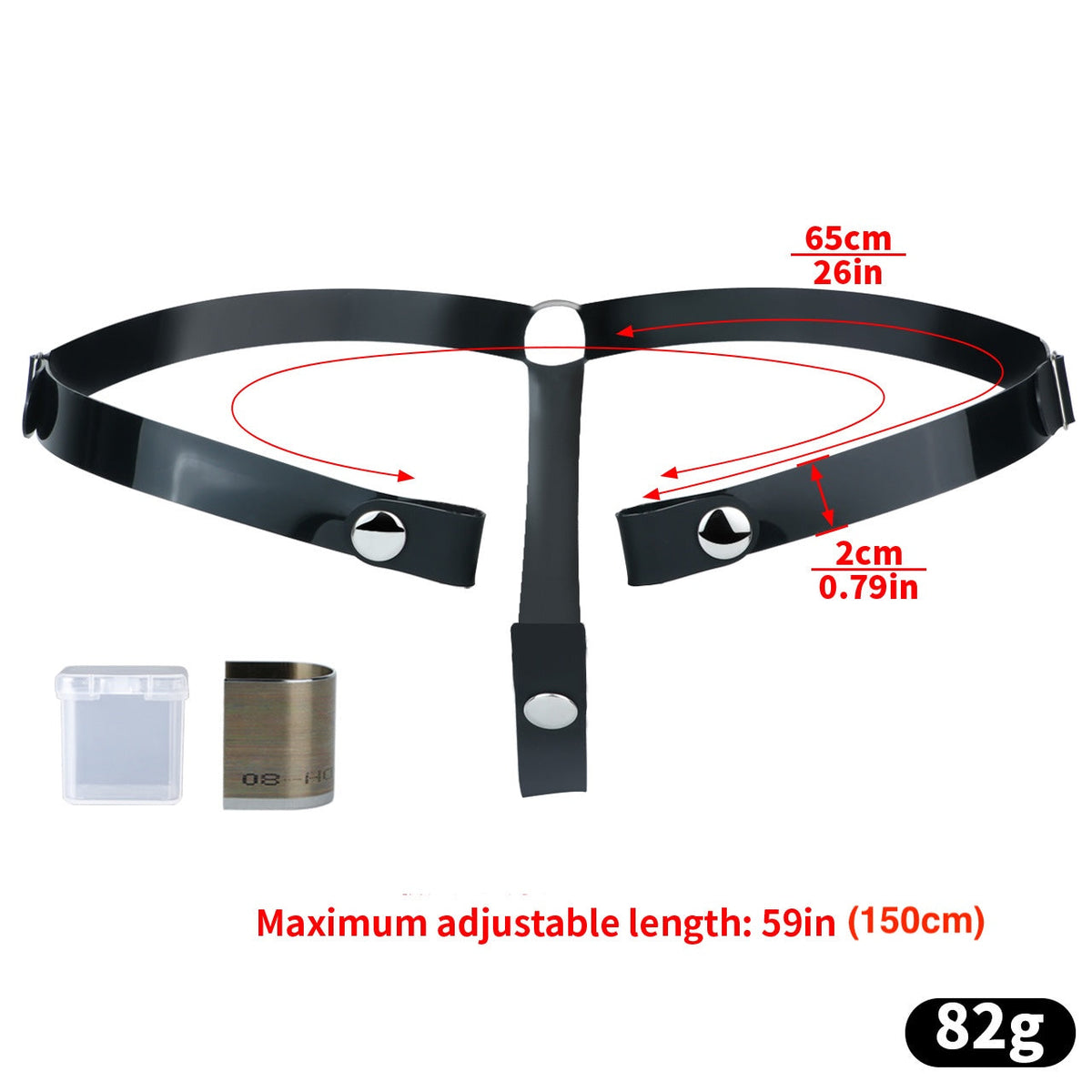 Black silicone strap diagram showing 150 cm maximum adjustable length and 2 cm width