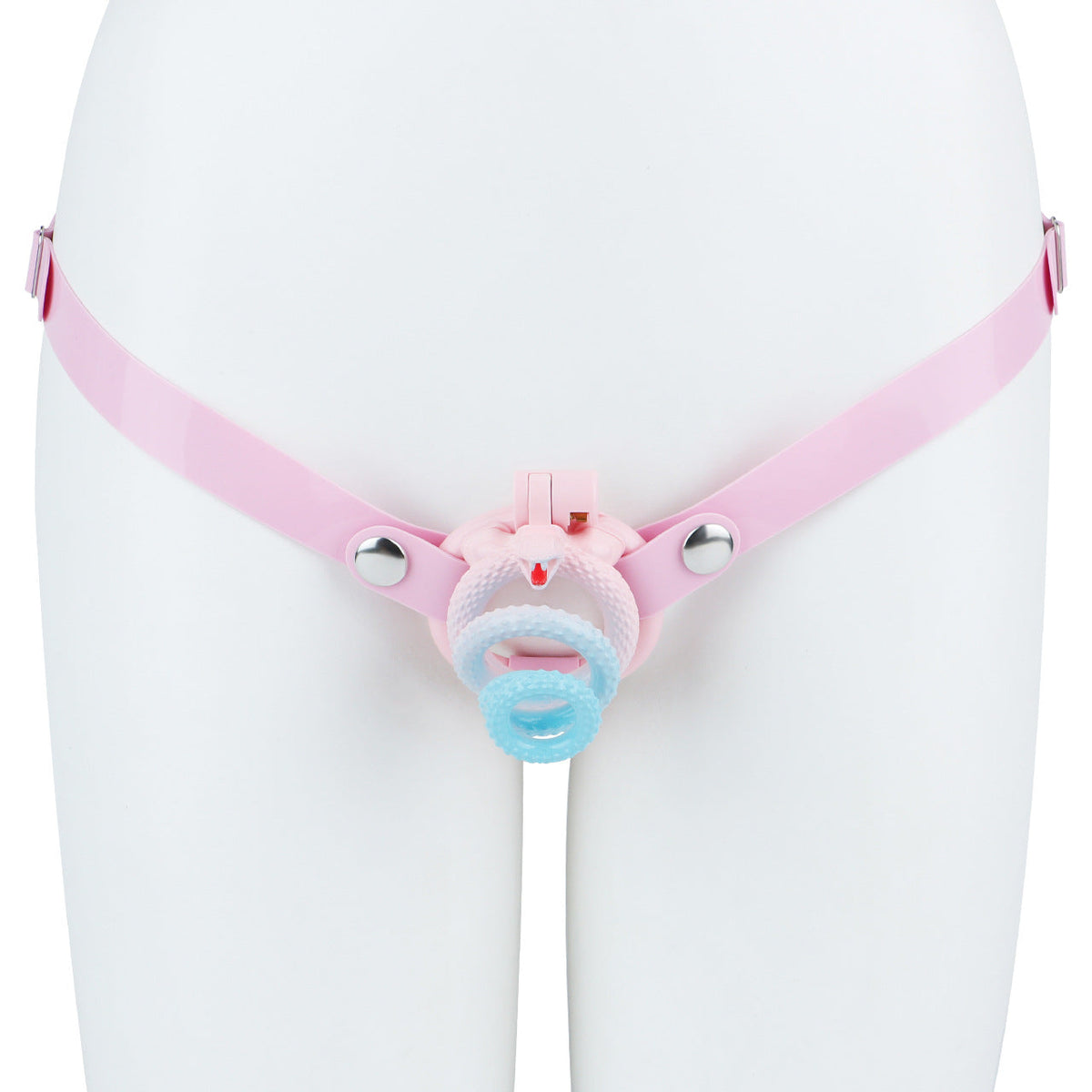 Light pink silicone support strap shown with a cage, front view