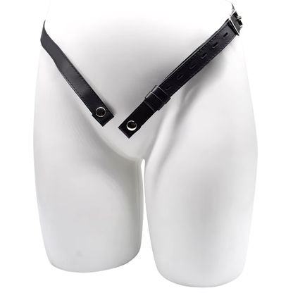 Black PU leather cage support belt, front view on a display mannequin