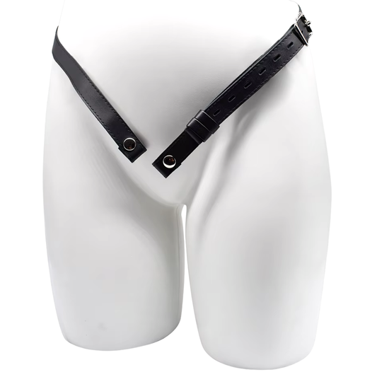 Black PU leather cage support belt, front view on a display mannequin