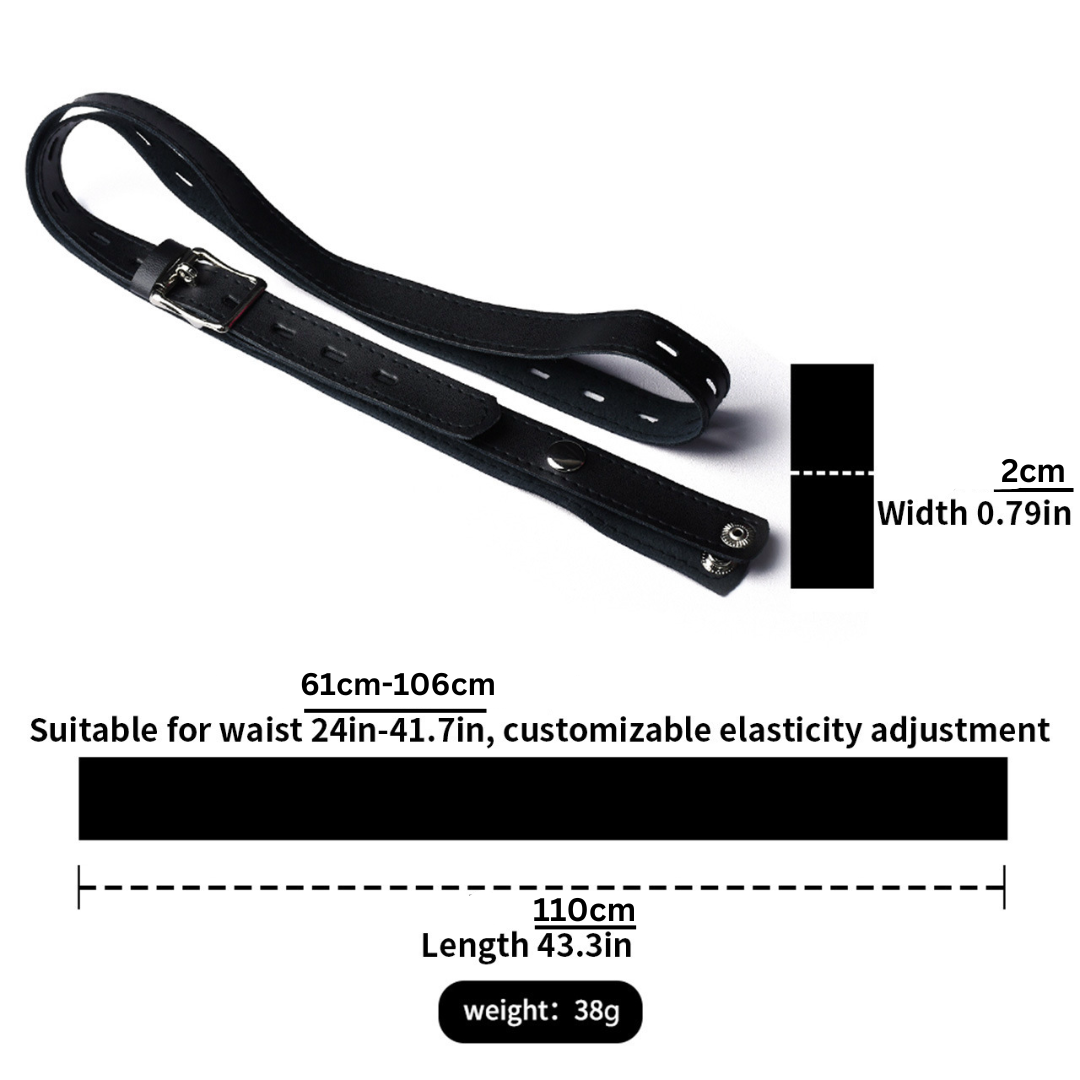 PU belt size chart showing 61–106 cm waist range, 110 cm length and 2 cm width