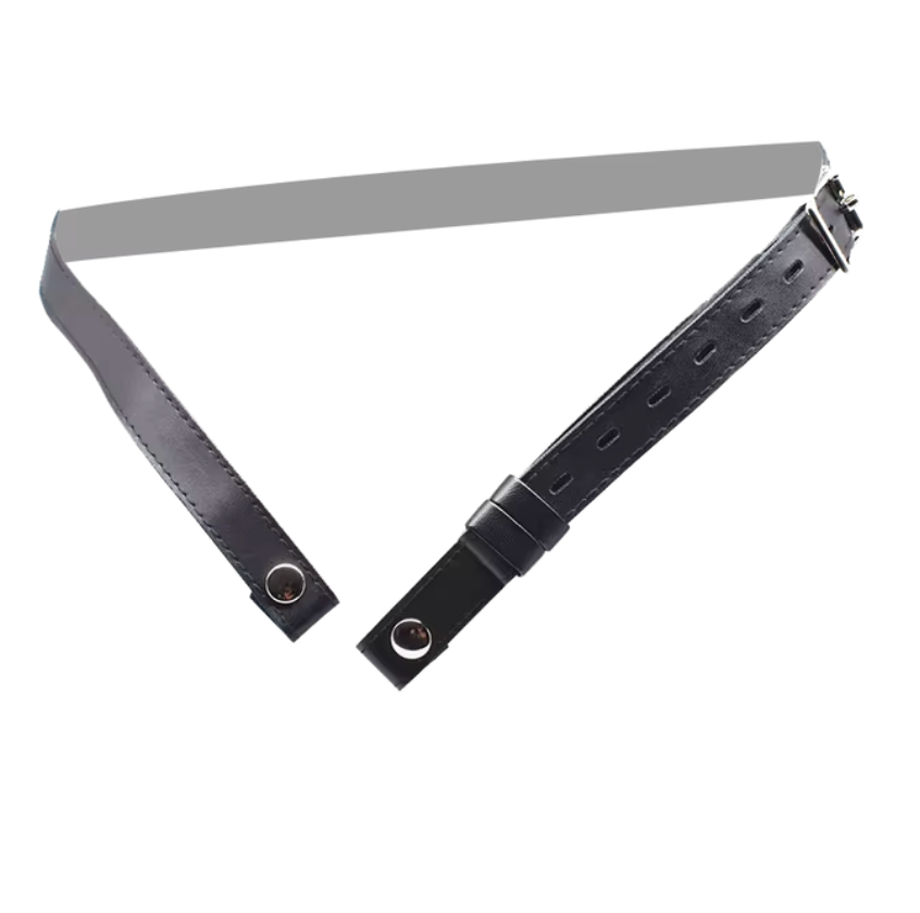 Black PU leather support belt, front view laid flat