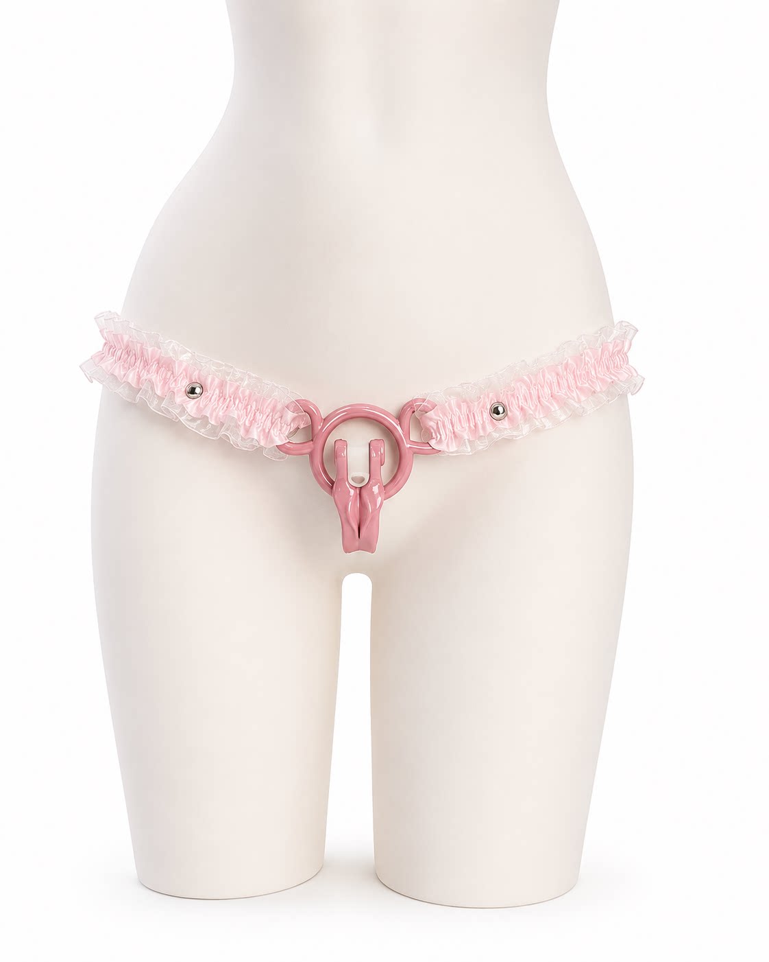 Pink lace elastic cage support strap, front view on a display mannequin