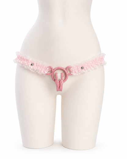 Pink lace elastic cage support strap, front view on a display mannequin