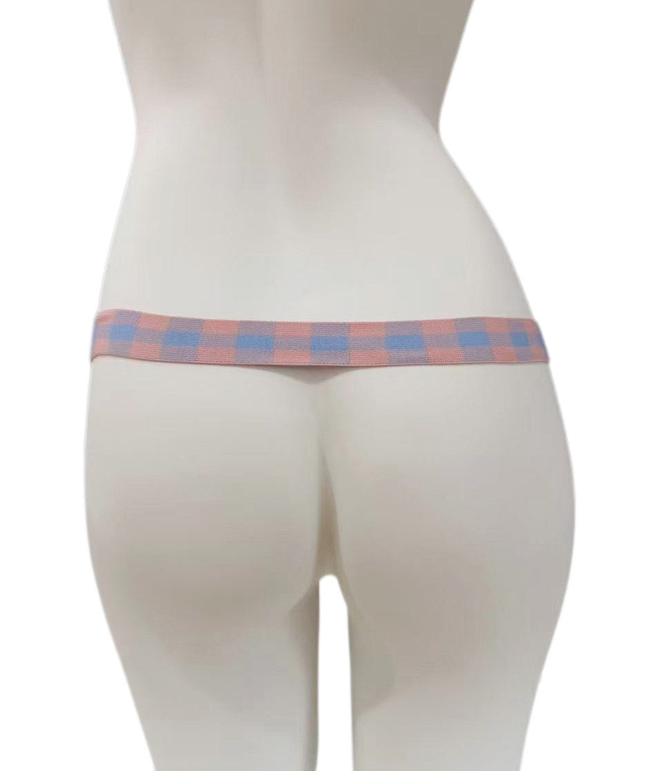 Pink and blue check single support strap, rear view