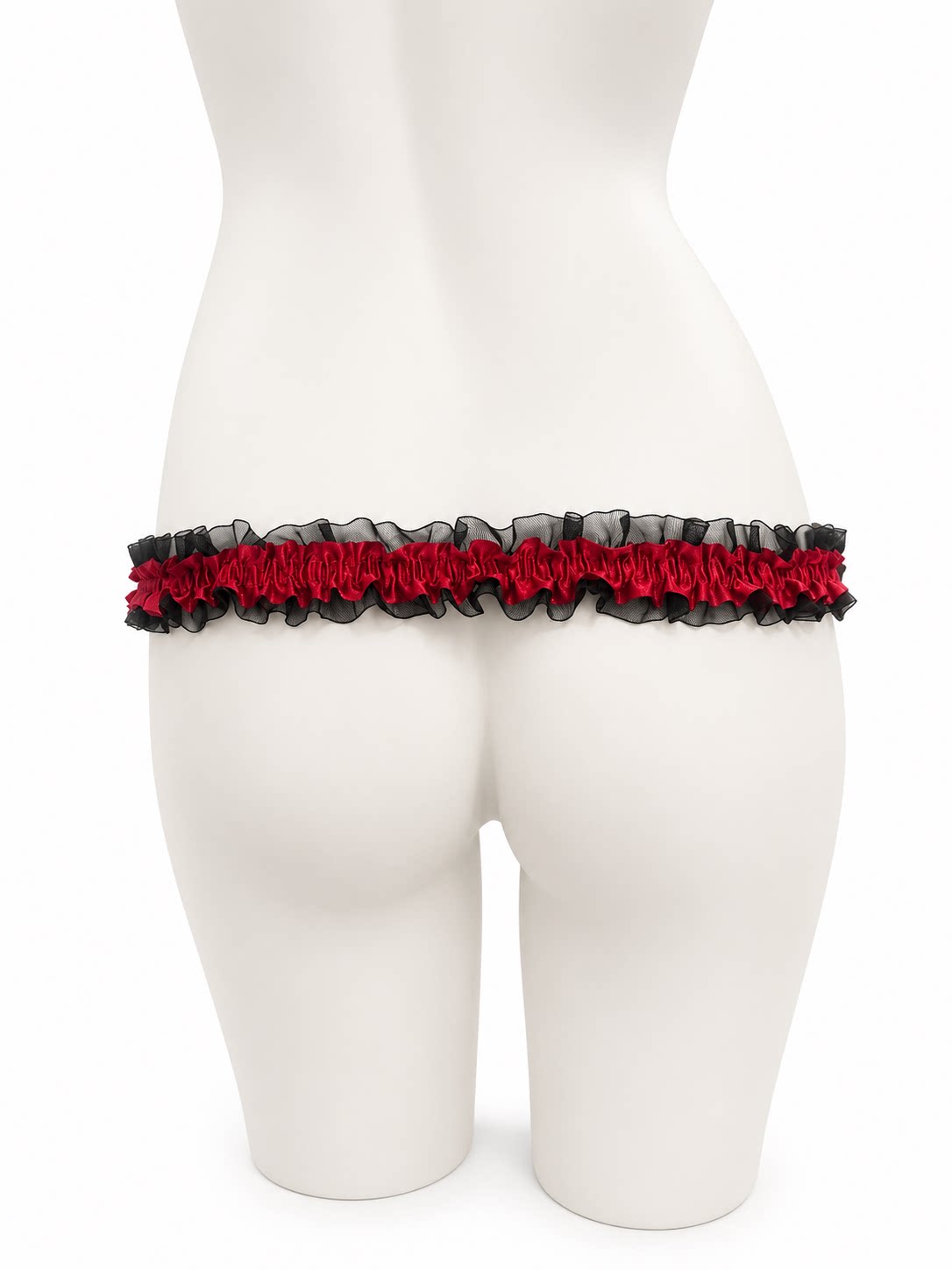 Black and red lace single support strap, rear view