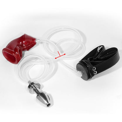 Cage de chasteté masculine avec écoulement urinaire d'urine dans la bouche, bouchon, cathéter bâillon, cage pénienne